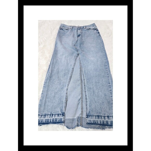 REWASH High Slit Denim Vintage Wash Maxi Raw Hem Skirt Size 11 Juniors - Picture 1 of 12